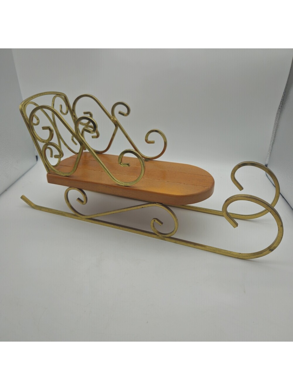 Vintage Home Interiors Wood & Brass Plated Scroll Christmas Sleigh